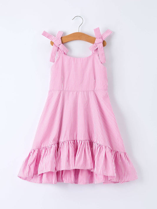Pink Summer Stripe Bow Ruffle Girl Dress